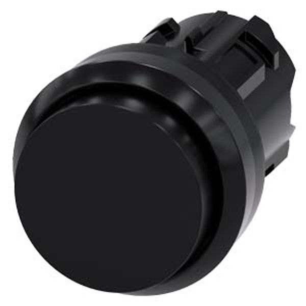 Pushbutton, 22 mm, round, plastic, black, pushbutton, raised, momentary contact type, with laser labeling, lower case image 1