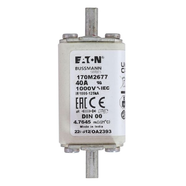 Fuse-link, high speed, 40 A, AC 1000 V, DIN 00, aR, DIN, IEC, single indicator, live gripping lugs image 22