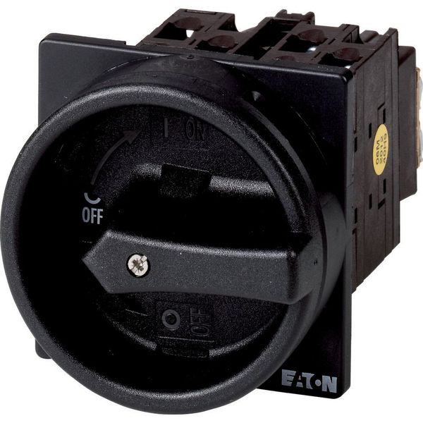 Main switch, T0, 20 A, flush mounting, 4 contact unit(s), 6 pole, 1 N/O, 1 N/C, STOP function, With black rotary handle and locking ring, Lockable in image 3