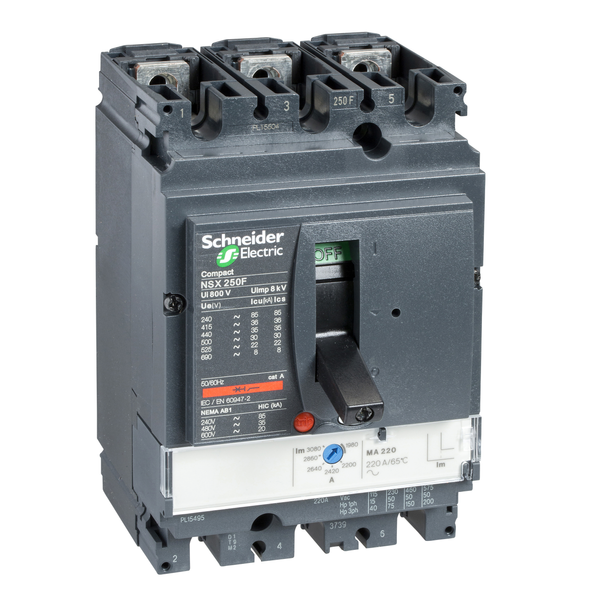 circuit breaker ComPact NSX250N, 50 kA at 415 VAC, MA trip unit 220 A, 3 poles 3d image 4