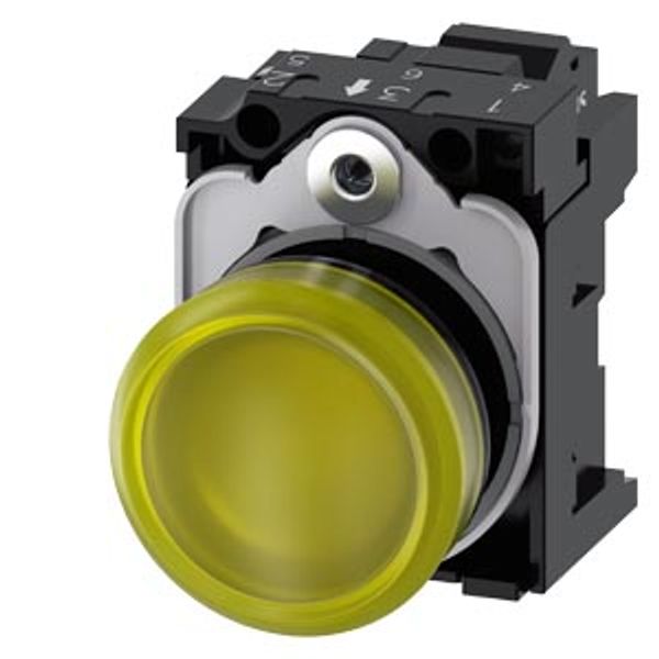 Indicator lights, 22 mm, round, plastic, yellow, lens, smooth, with holder, LED module, with integrated LED 230 V AC,  3SU1106-6AA30-3AA0-Z Y15 image 1