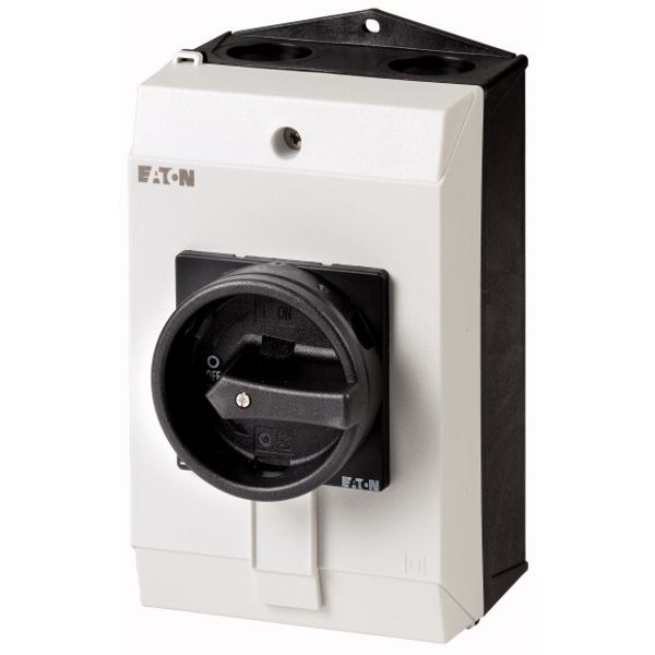 Main switch, P1, 25 A, surface mounting, 3 pole + N, STOP function, With black rotary handle and locking ring, Lockable in the 0 (Off) position, hard image 1