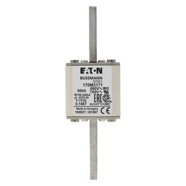 Fuse-link, high speed, 500 A, AC 690 V, compact size 1, 45 x 45 x 134 mm, aR, DIN, IEC, single indicator image 12