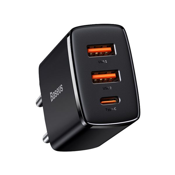 Wall Quick Charger 30W 2xUSB + USB-C QC3.0 PD3.0, Black image 1