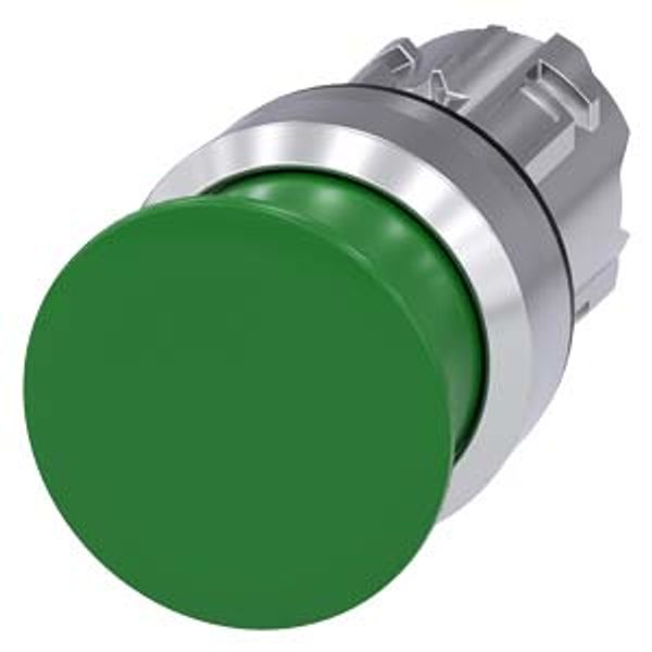 3SU1050-1AD40-0AA0-Z Y10 Mushroom pushbutton, 22 mm, round, metal, shiny, green, 30 mm, momentary contact type, with laser labeling, upper case and lower case, always upper image 1