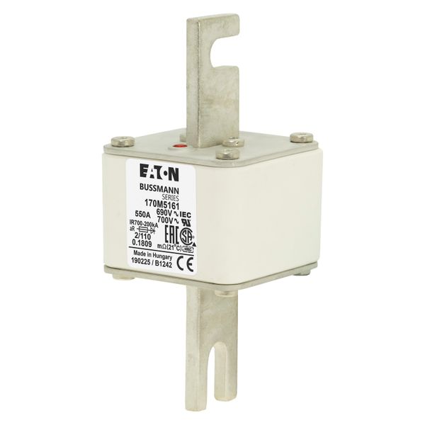 Fuse-link, high speed, 550 A, AC 690 V, DIN 2, 61 x 61 x 108 mm, aR, DIN, IEC, single indicator, 110 mm centres image 4