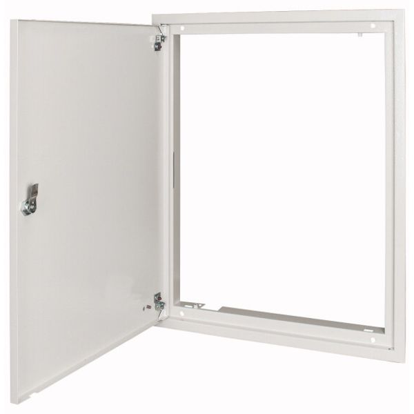 Flush-mounting trim ring with sheet steel door and locking rotary lever for 3-component system, W = 800 mm, H = 1060 mm, white image 1