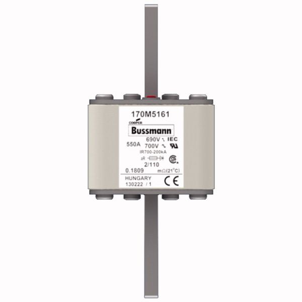 Fuse-link, high speed, 550 A, AC 690 V, DIN 2, 61 x 61 x 108 mm, aR, DIN, IEC, single indicator, 110 mm centres image 1