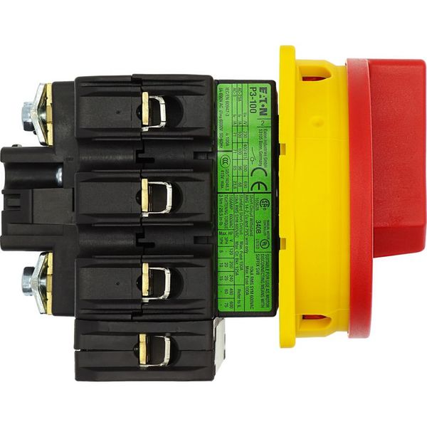 Main switch, P3, 100 A, flush mounting, 3 pole + N, Emergency switching off function, With red rotary handle and yellow locking ring, Lockable in the image 23