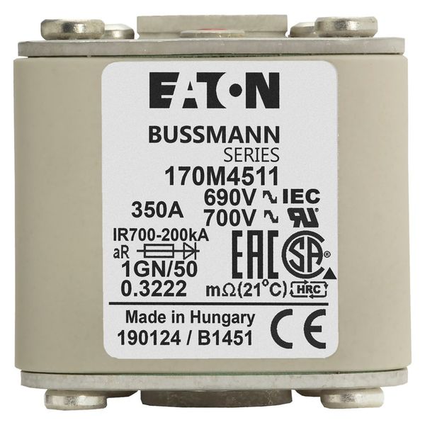 Fuse-link, high speed, 350 A, AC 690 V, size 1, 53 x 69 x 51 mm, aR, IEC, UL, single indicator, flush end, 18 UNC image 2