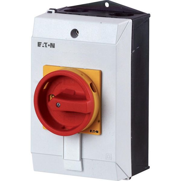 Main switch, T0, 20 A, surface mounting, 2 contact unit(s), 3 pole, Emergency switching off function, With red rotary handle and yellow locking ring, image 2