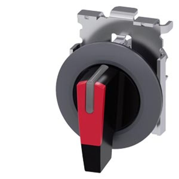 Selector switch, illuminable, 30 mm, round, Metal, matte, red, selector switch, long, front ring for flush installation, 3 switch positions I>O image 1