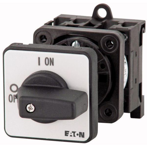 On-Off switch, P1, 25 A, rear mounting, 3 pole, 2 N/O, 2 N/C, STOP function, with black thumb grip and front plate image 1