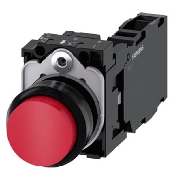 Pushbutton, 22 mm, round, plastic, red, pushbutton, raised, momentary contact type, with holder  3SU1100-0BB20-1FA0-Z Y13 image 1