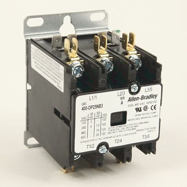 Allen-Bradley 400-DP25ND1 400 Definite Purpose Contactor, 25A, 120V 50/60Hz, 1 Pole w/Shunt, Open image 1