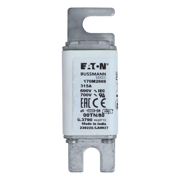 Fuse-link, high speed, 315 A, AC 690 V, DIN 00, aR, DIN, IEC, single indicator, live gripping lugs image 9