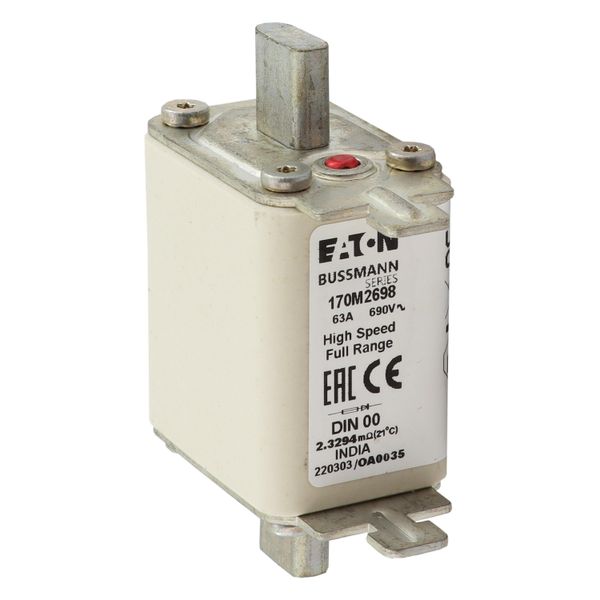 Fuse-link, high speed, 63 A, AC 690 V, DIN 00, 30 x 60 x 79 mm, gR, DIN, IEC, single indicator image 13