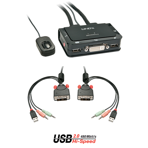 2 Port DVI-D Single Link, USB 2.0 & Audio Cable KVM Switch Switch between 2 DVI equipped PCs from one keyboard, mouse and monitor image 1