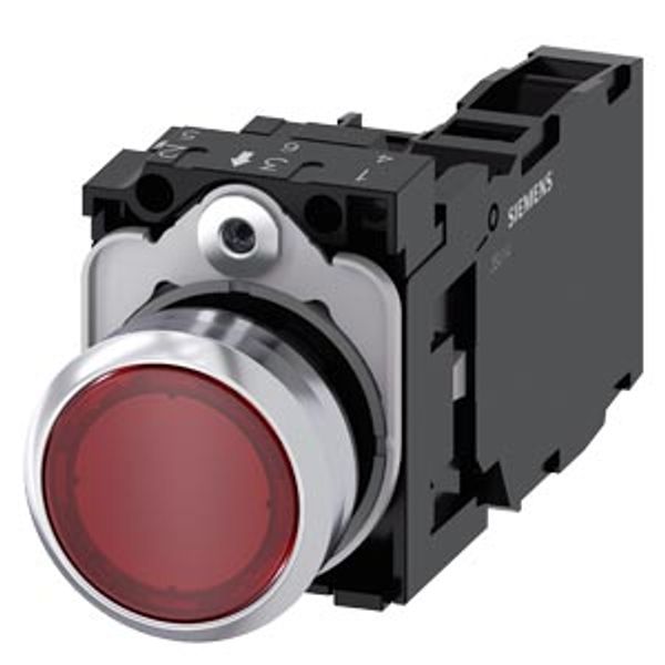 Illuminated pushbutton, 22 mm, round, Metal, shiny, red, pushbutton, flat, momentary contact type, with holder, 1 NO+1 NC, LED module with integrated  3SU1156-0AB20-1FA0-Z Y19 image 2