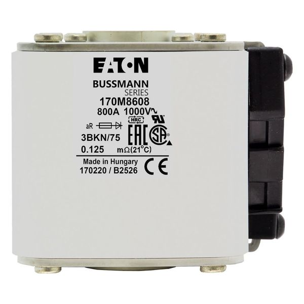 Fuse-link, high speed, 800 A, AC 1000 V, size 3, 74 x 92 x 76 mm, aR, IEC, UL, single indicator image 4