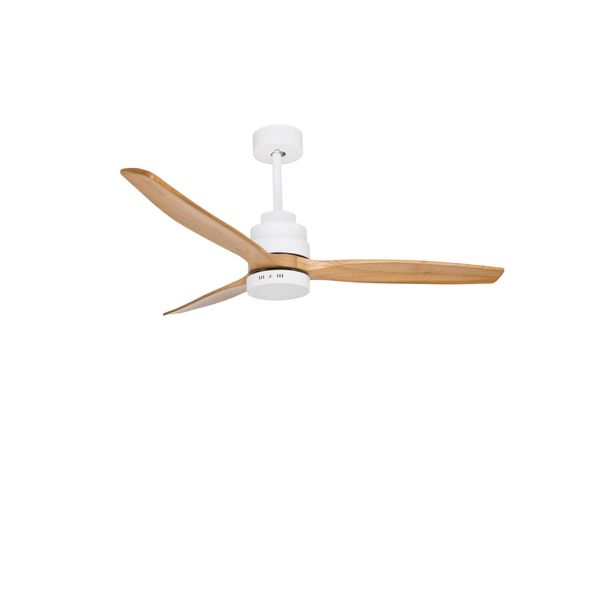 Fan Matt White Steel & Glass Oak Wood D: 132  H: 35-48 cm 5 Speed  Remote, 64cm Blade DC 25W,AC220-240V 5000CFM 200RPM, image 1