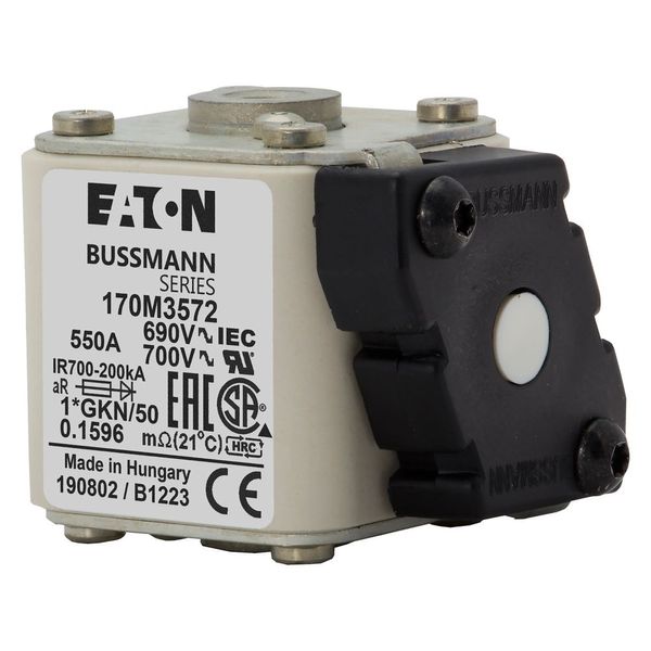 Fuse-link, high speed, 550 A, AC 690 V, compact size 1, 45 x 59 x 51 mm, aR, IEC, UL, type K indicator, 18 UNC image 3