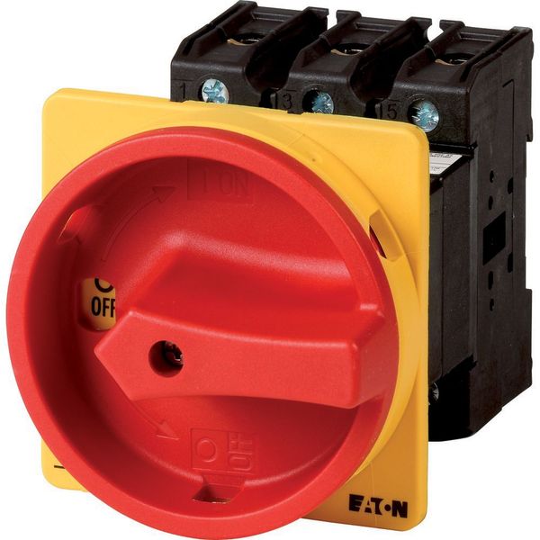 Main switch, P3, 100 A, rear mounting, 3 pole, 1 N/O, 1 N/C, Emergency switching off function, With red rotary handle and yellow locking ring, Lockabl image 3