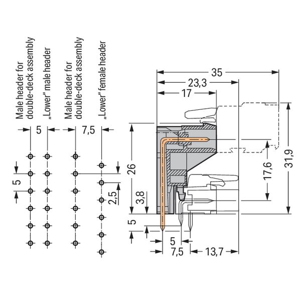 THT male header for double-deck assembly 1.0 x 1.0 mm solder pin angle image 5