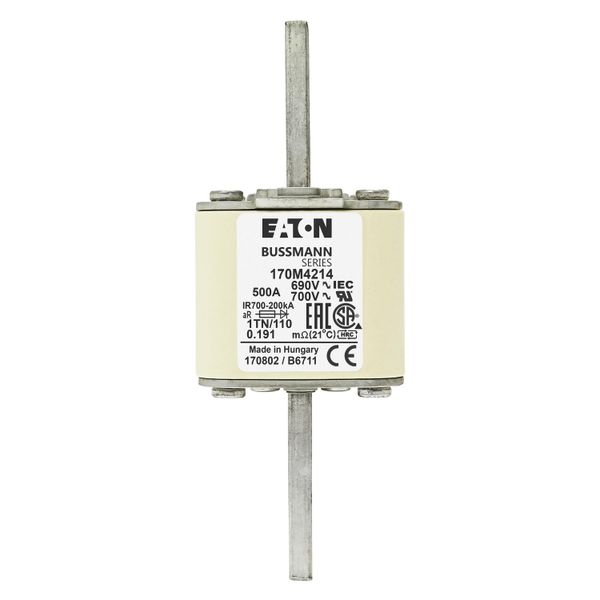 Fuse-link, high speed, 500 A, AC 690 V, DIN 1, 53 x 66 x 138 mm, aR, DIN, IEC, type T indicator image 6