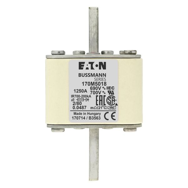 Fuse-link, high speed, 1250 A, AC 600 V, DIN 2, 61 x 61 x 108 mm, aR, DIN, IEC, single indicator, 80 mm centres image 7