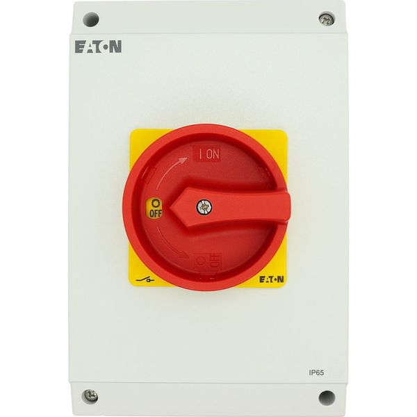 Main switch, P3, 100 A, surface mounting, 3 pole, 1 N/O, 1 N/C, Emergency switching off function, With red rotary handle and yellow locking ring, Lock image 51