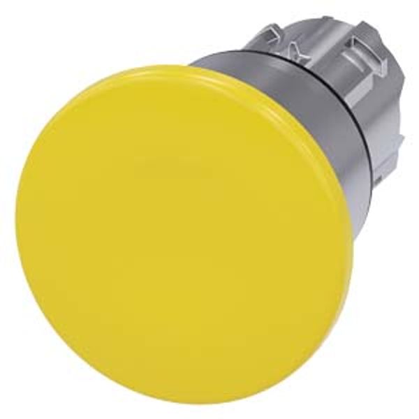 3SU1050-1BA30-0AA0-Z Y15 Mushroom pushbutton, 22 mm, round, metal, shiny, yellow, 40 mm, latching, pull-to-unlatch mechanism, with laser labeling, upper case and lower case, always upper image 1