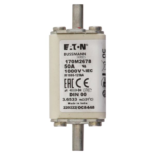 Fuse-link, high speed, 50 A, AC 1000 V, DIN 00, aR, DIN, IEC, single indicator, live gripping lugs image 9