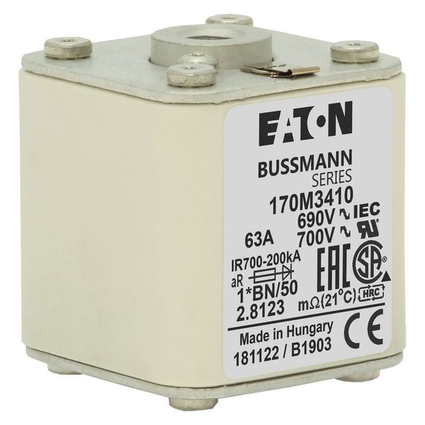 Fuse-link, high speed, 63 A, AC 690 V, compact size 1, 45 x 59 x 51 mm, aR, IEC, UL, single indicator, flush end, M8 image 19