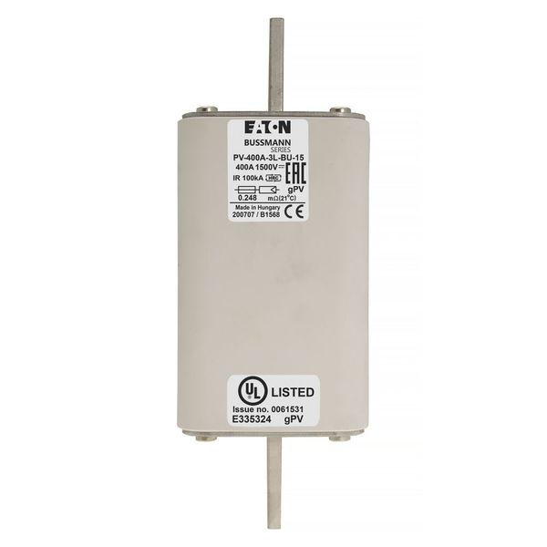 Fuse-link, high speed, 400 A, DC 1500 V, 3L, 75 x 205 mm, gPV, IEC, UL, without indicator, bolted contacts image 3