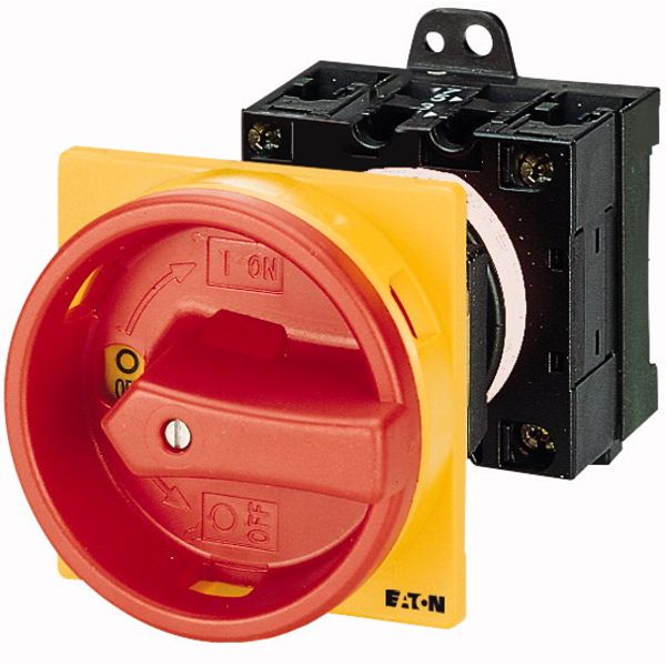 Main switch, T3, 32 A, rear mounting, 4 contact unit(s), 8-pole, Emergency switching off function, With red rotary handle and yellow locking ring, Loc image 1