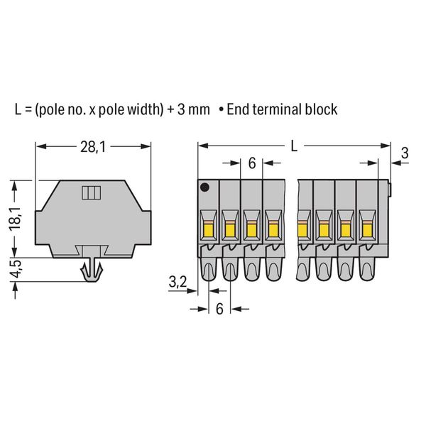 2-conductor terminal strip with snap-in mounting feet for plate thickn image 1