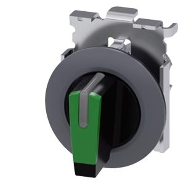 Selector switch, illuminable, 30 mm, round, Metal, matte, green, selector switch, short, front ring for flush installation, 3 switch positions I>O image 1