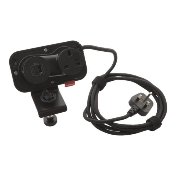 Incara Electr'On equipped with 1 socket BS 1 USB charger A+C 15W and 2,5m braided cord with plug and fixing clamp black image 1