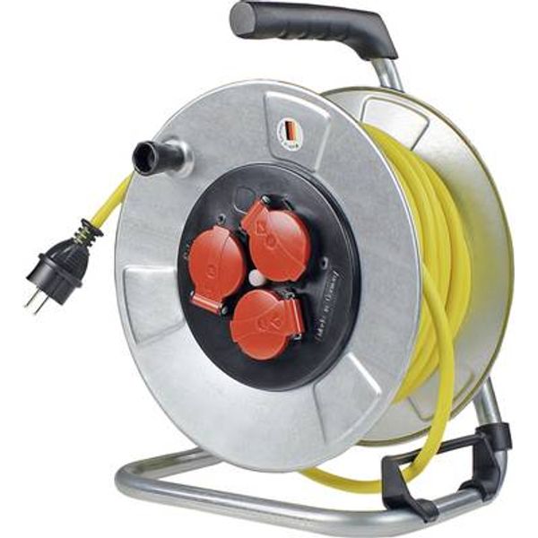 Metal cable reel 285mmO 40 m K35 AT-N07 V3V3-F 3G1,5 yellow 3 socket outlets 2 PE 16A/250V shock and splash proof Overheating protection by thermal switch image 1