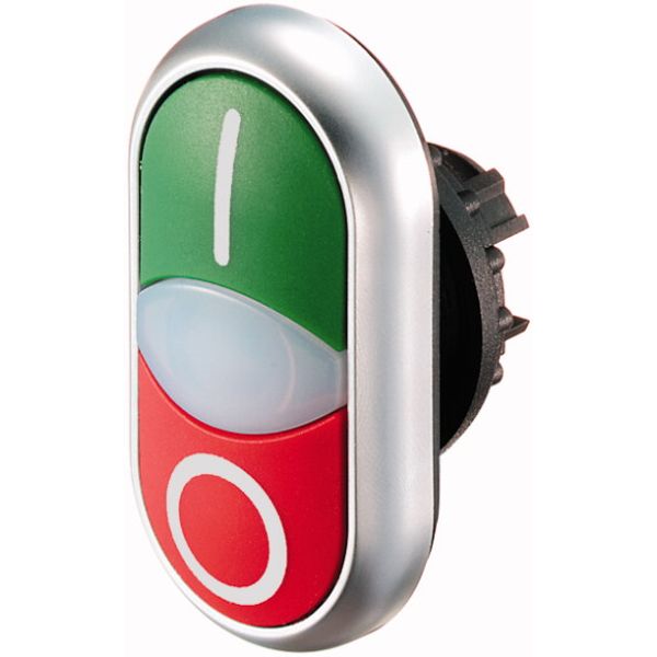Double actuator pushbutton, RMQ-Titan, Actuators and indicator lights flush, momentary, White lens, green, red, inscribed, Bezel: titanium image 1