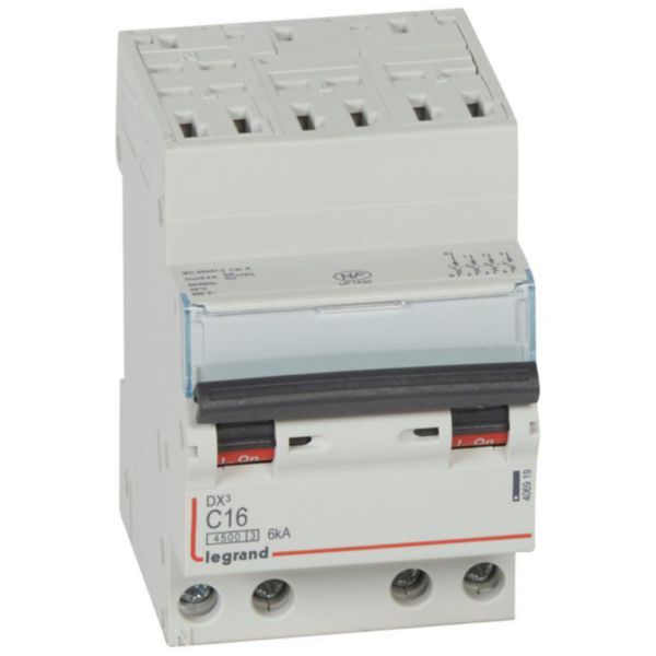 Circuit breaker DX³4500 6kA high inlet via automatic terminals low outlet screw terminals - four-pole 400V~ 16A curve C - 3 modules image 1