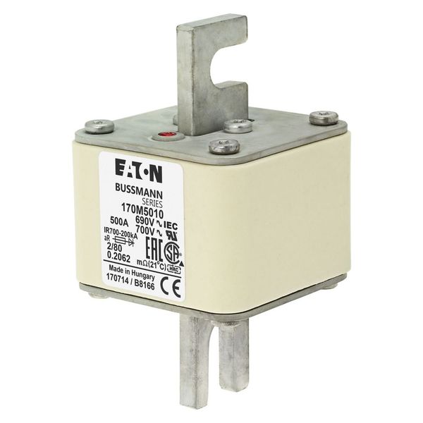 Fuse-link, high speed, 500 A, AC 690 V, DIN 2, 61 x 61 x 108 mm, aR, DIN, IEC, single indicator, 80 mm centres image 5