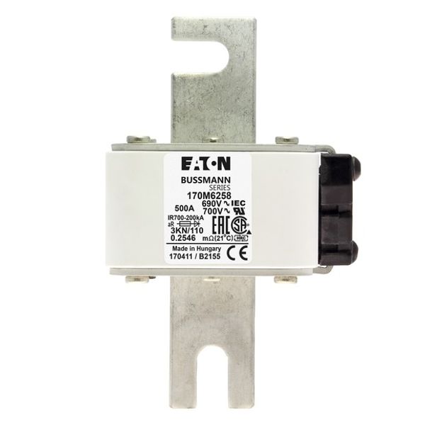 Fuse-link, high speed, 500 A, AC 690 V, DIN 3, 76 x 92 x 139 mm, aR, DIN, IEC, single indicator image 2