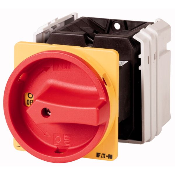 Main switch, T5, 100 A, rear mounting, 3 contact unit(s), 3 pole + N, 1 N/O, 1 N/C, Emergency switching off function, With red rotary handle and yello image 1