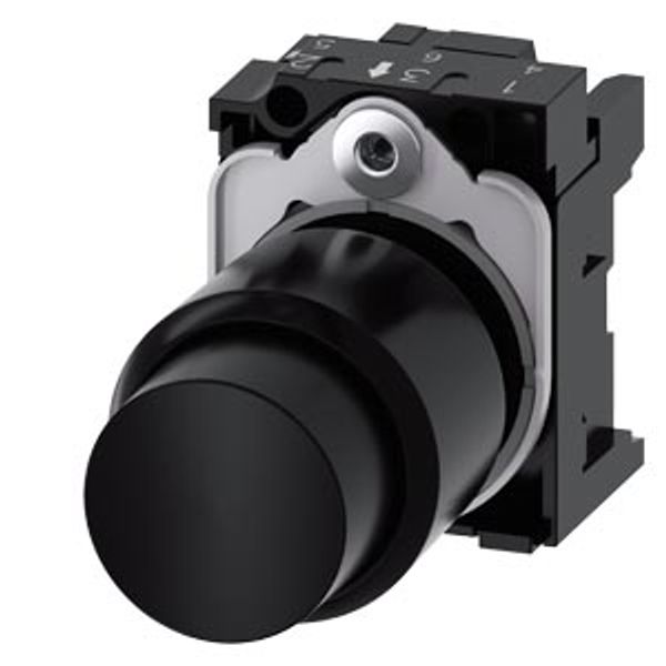 Pushbutton, compact, with extended stroke (12 mm), 22 mm, round, plastic, black, pushbutton, high, momentary contact type,  3SU1200-0FB10-0AA0-Z Y19 image 1