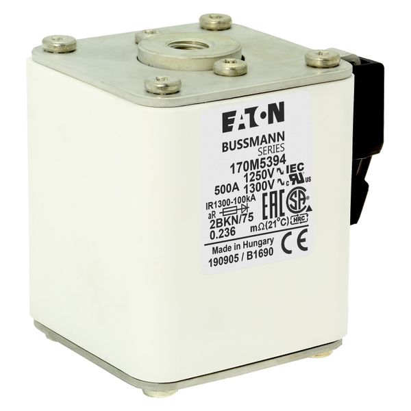 Fuse-link, high speed, 500 A, AC 1250 V, size 2, 61 x 75 x 77 mm, aR, IEC, UL, single indicator image 10