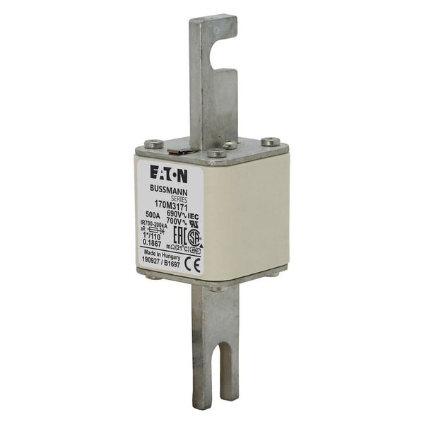 Fuse-link, high speed, 500 A, AC 690 V, compact size 1, 45 x 45 x 134 mm, aR, DIN, IEC, single indicator image 2