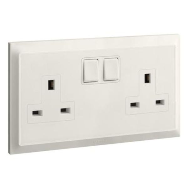 Belanko S - 2 gang single pole BS switched socket outlet + red neon inboard rockers - 13A - Ivory image 1