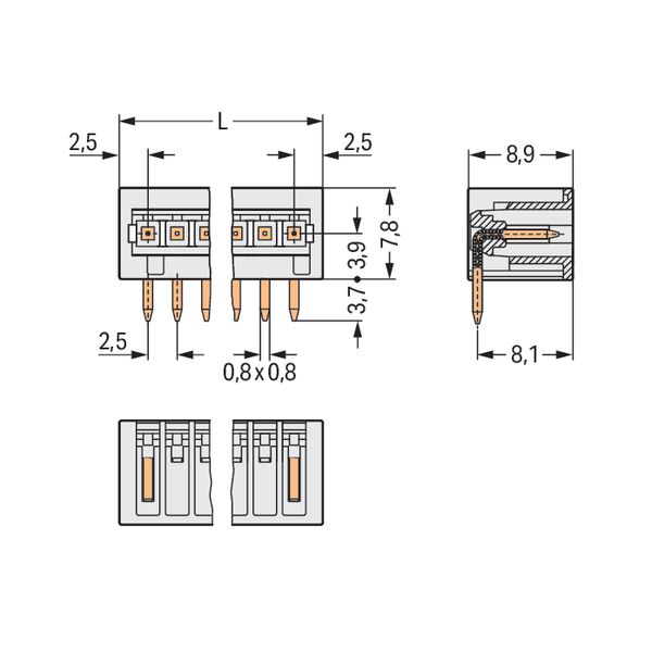 THT male header 0.8 x 0.8 mm solder pin angled light gray image 4